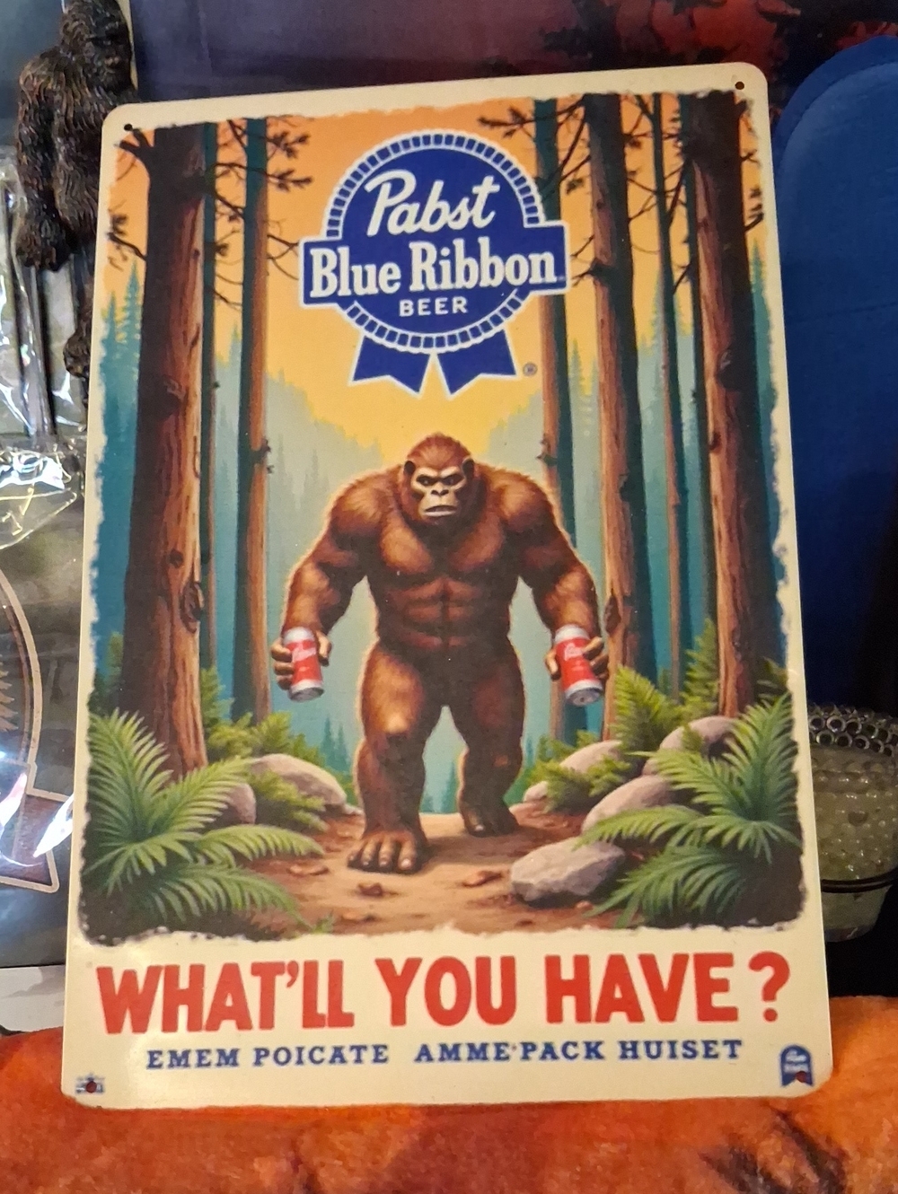Pabst Blue Ribbon Retro Sasquatch Metal Sign - Tan, Blue, Green